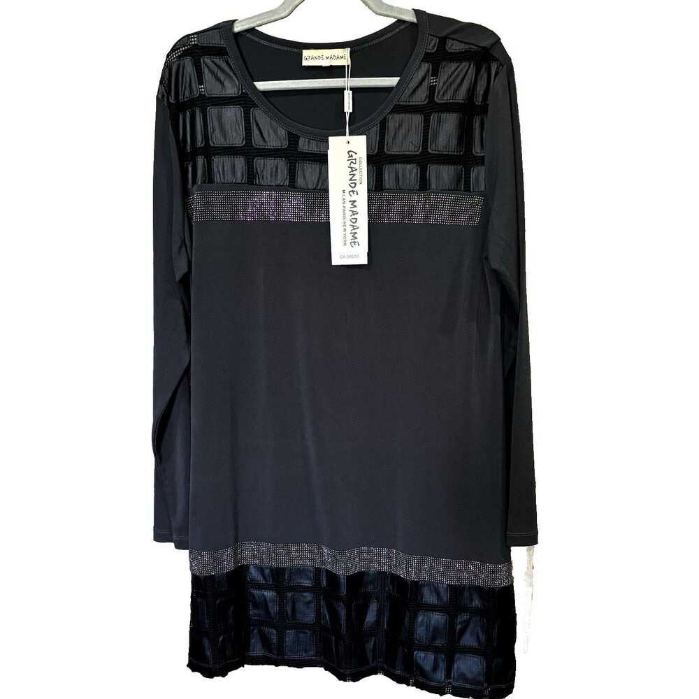 GRANDE MADAME Black/Grey Linen Long Sleeve Dress Women’s Size Large L NWT